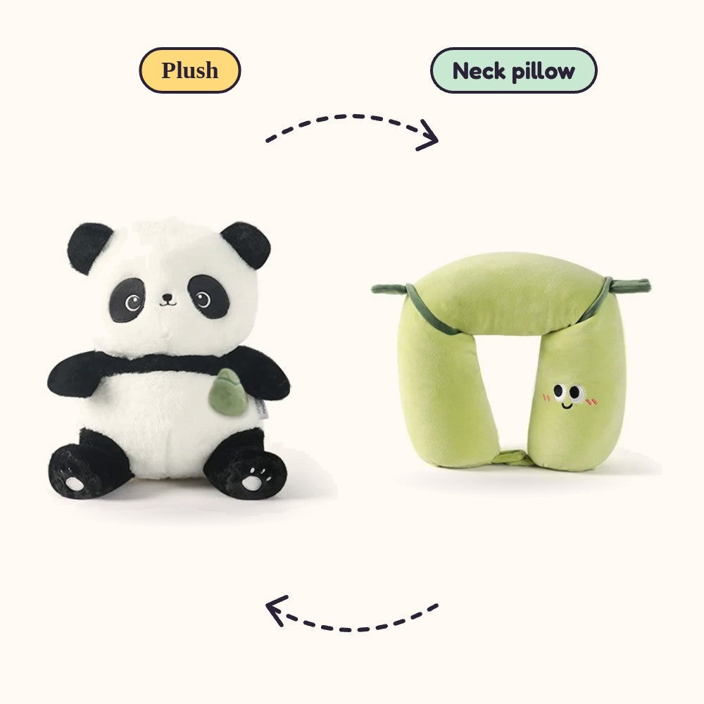 Bamboo the Panda Travel Buddy shown as a plush and as a neck pillow