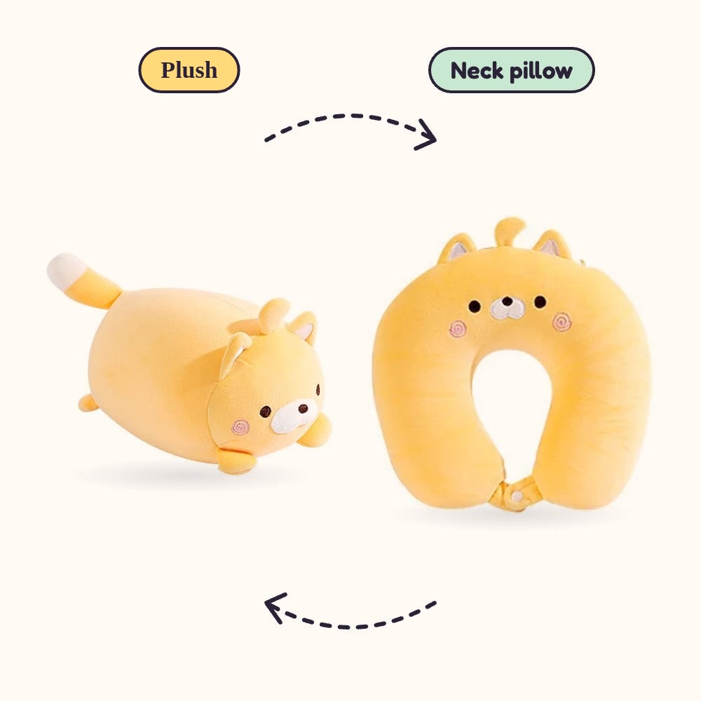 Butter the Cat Travel Buddy shown as a plush and as a neck pillow