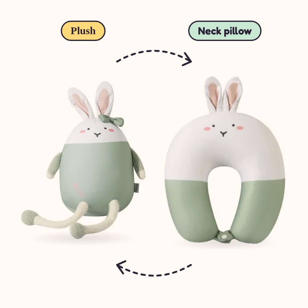 Matcha the Bunny Travel Buddy shown as a plush and as a neck pillow