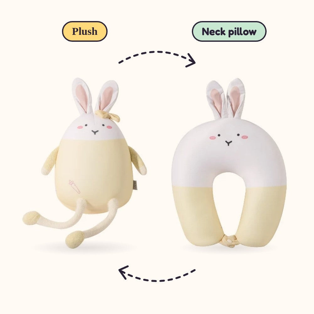 Mochi the Bunny Travel Buddy shown as a plush and as a neck pillow