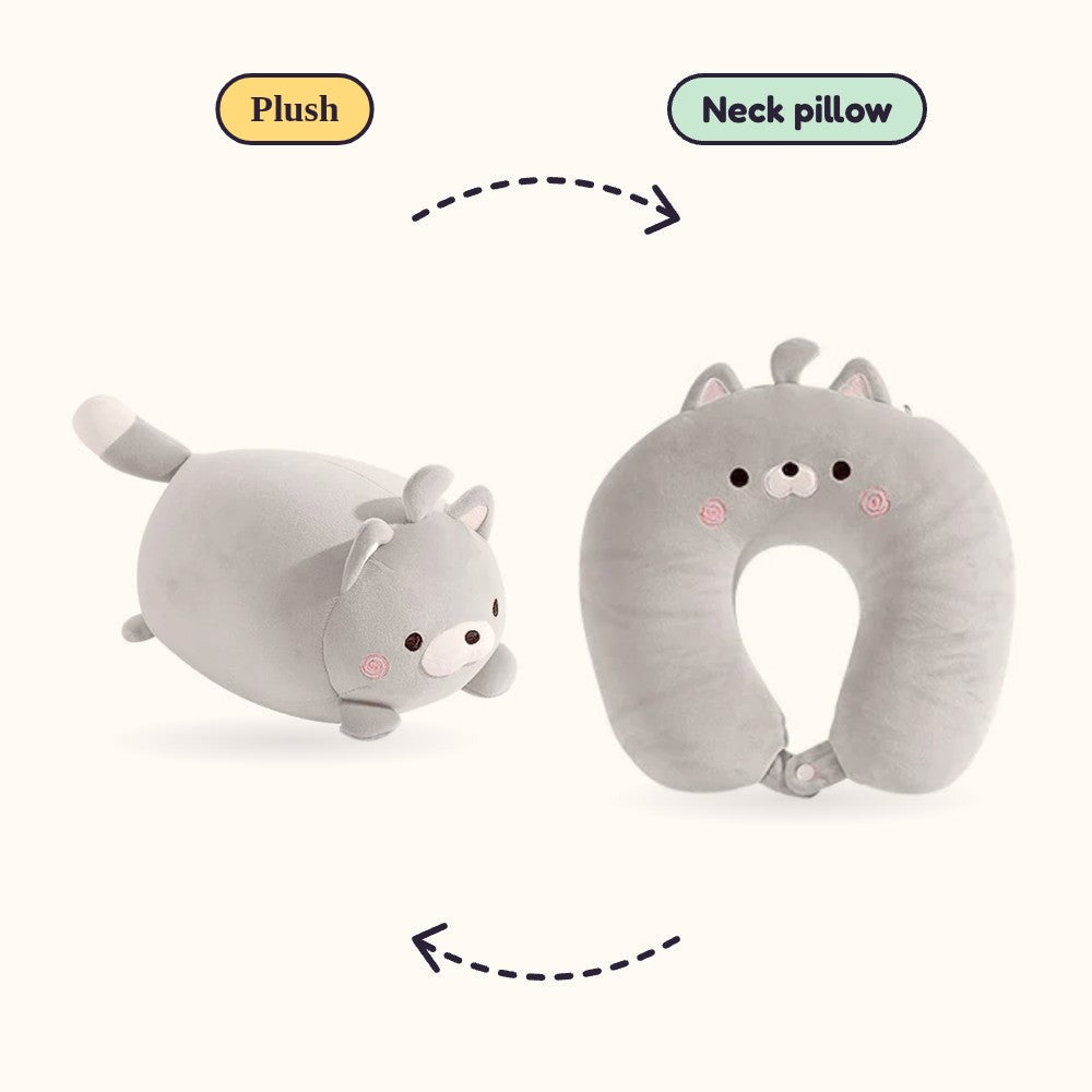 Pebble the Cat Travel Buddy shown as a plush and as a neck pillow