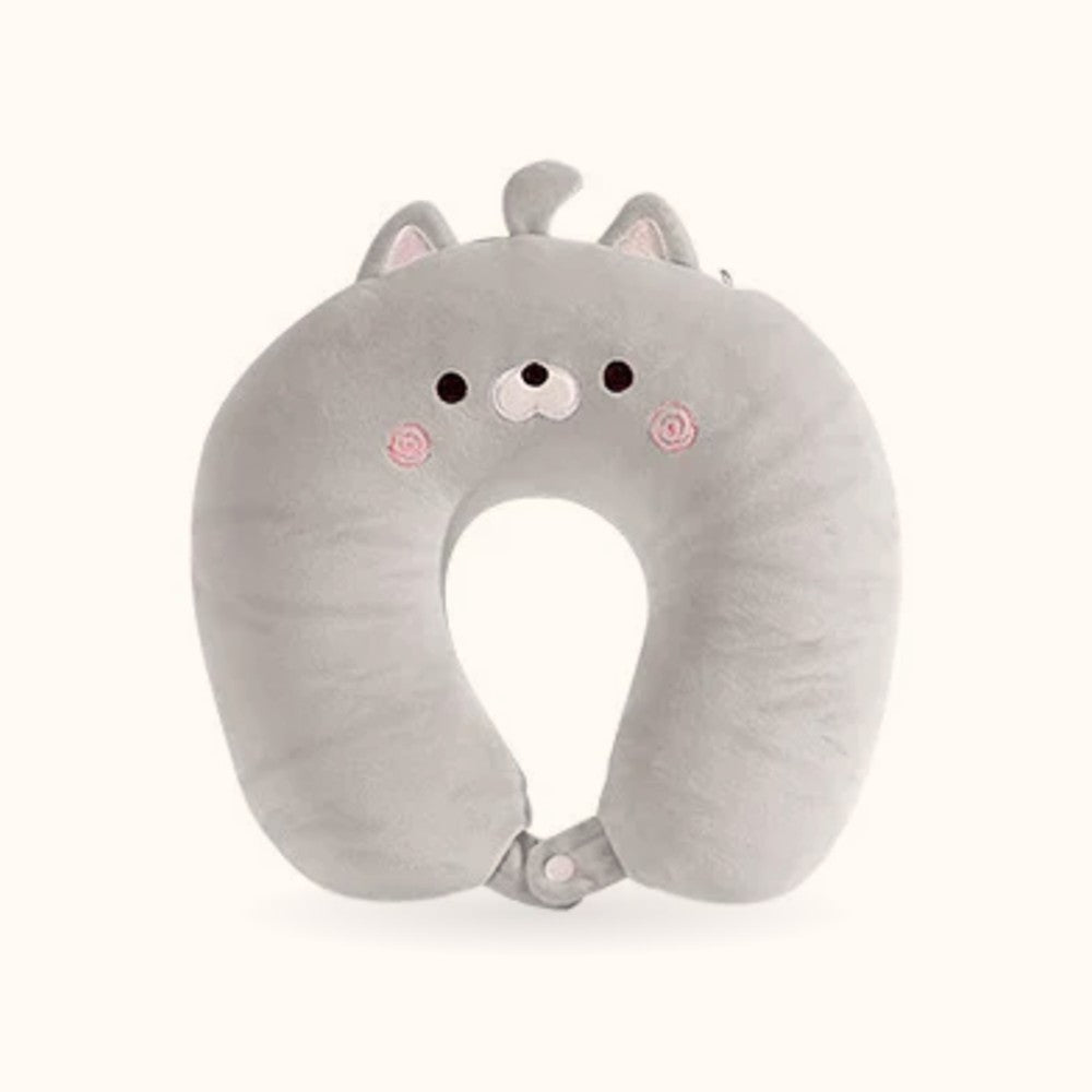 Pebble the Cat Travel Buddy flipped into U-shaped neck pillow form